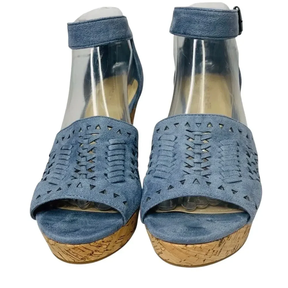 Marc Fisher Batini Faux Suede Wedge Heel Sandals Blue Womens‎ Size 9